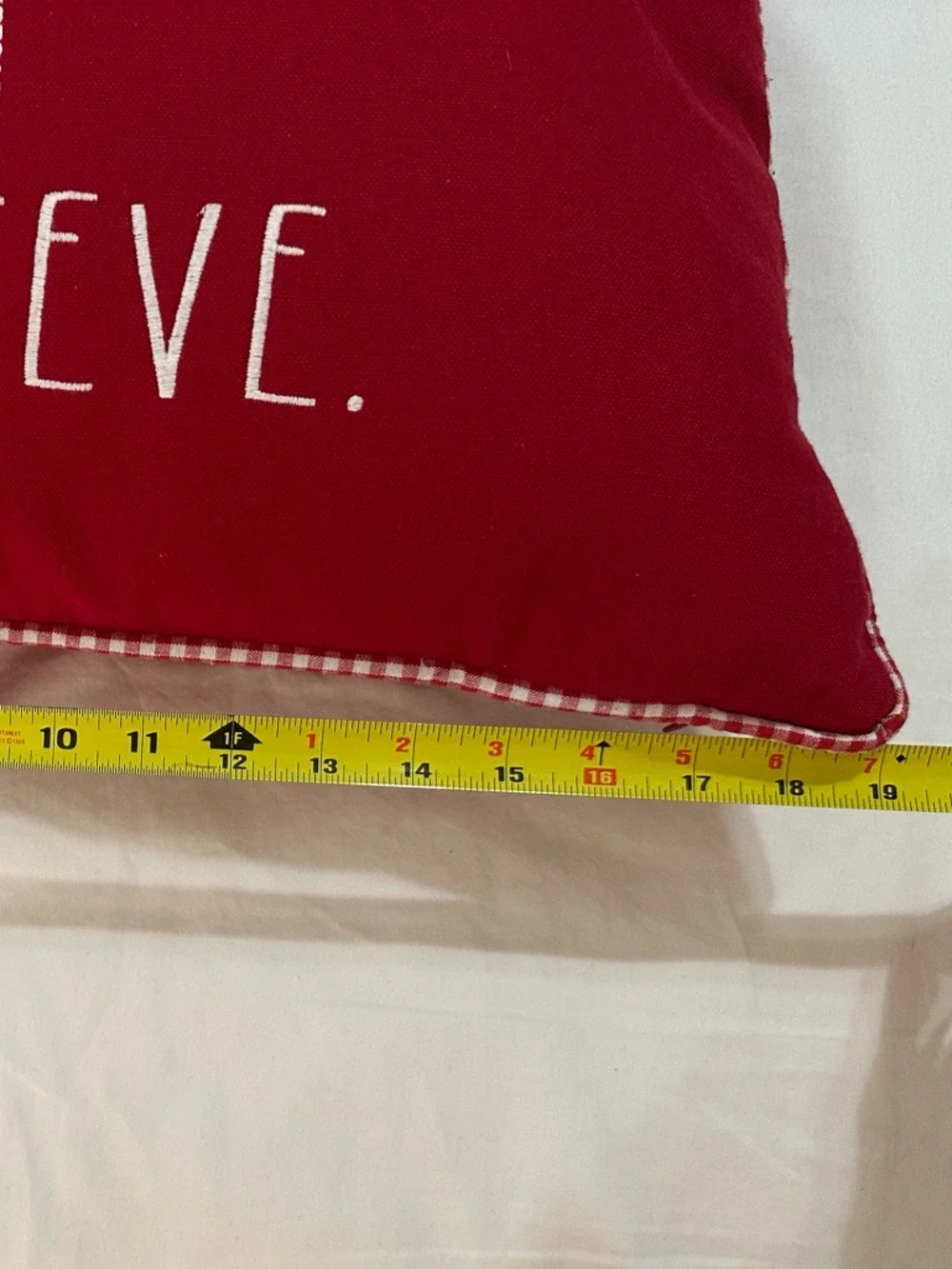 RAE DUNN BELIEVE CHRISTMAS PILLOW RED FARMHOUSE COTTAGE CABIN HOLIDAY DECOR 18”